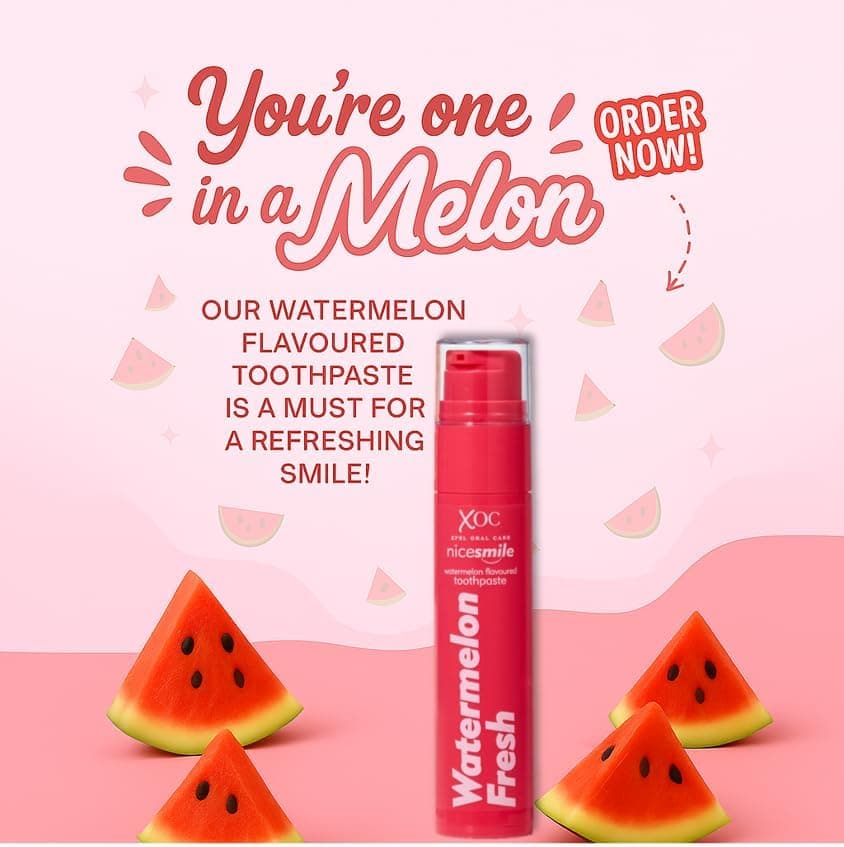 Nice Smile Watermelon Fresh toothpaste with watermelon slices and the line You're one in a melon