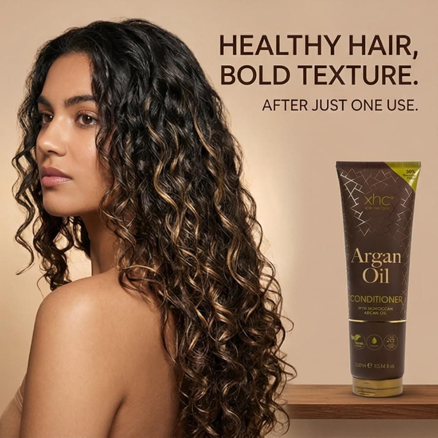 Woman with long, glossy curls next to a tube of XHC Argan Oil conditioner